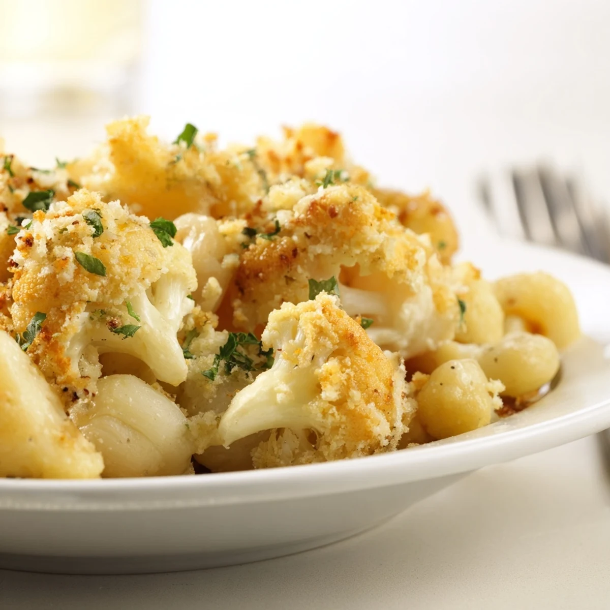 Creamy cauliflower mac n cheese casserole with tender pasta florets in rich melted cheddar sauce