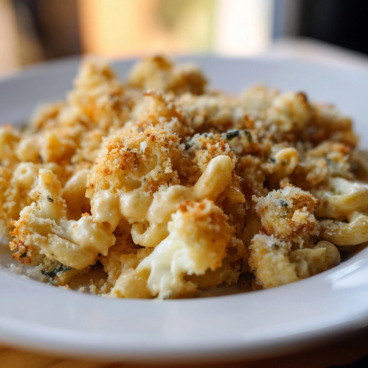 Baked cauliflower mac and cheese dish featuring golden brown cheesy crust and white cauliflower florets