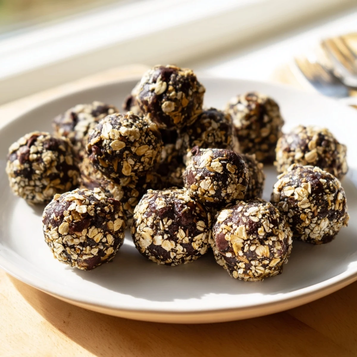 Rich chocolate peanut butter protein balls stacked on a parchment lined baking sheet