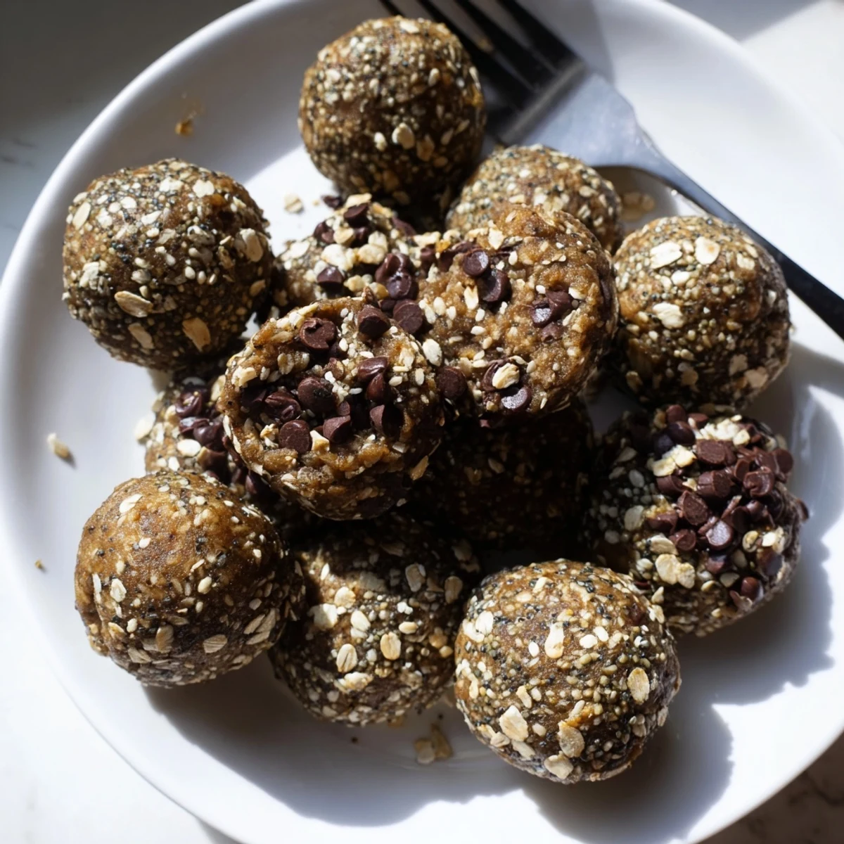 Handheld no bake chocolate peanut butter protein balls showing oats and dark chocolate specks