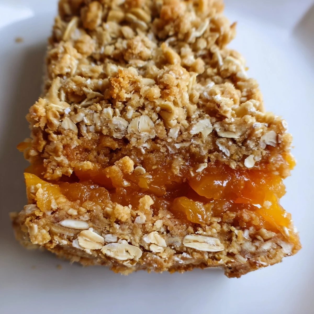 Homemade gluten-free oatmeal apricot bars sliced into squares on wooden cutting board