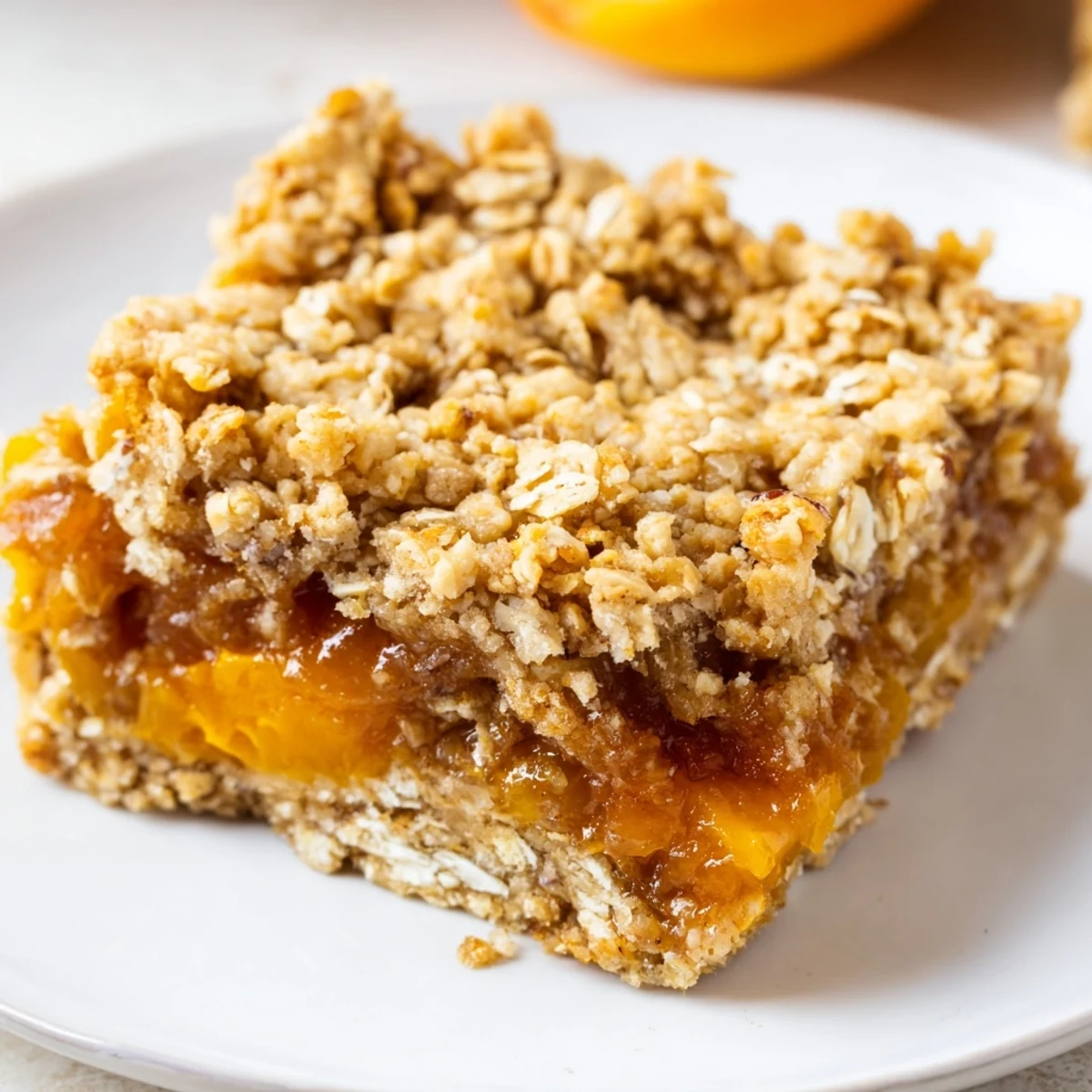 Golden gluten-free oatmeal apricot bars with chewy fruit filling and crumbly topping