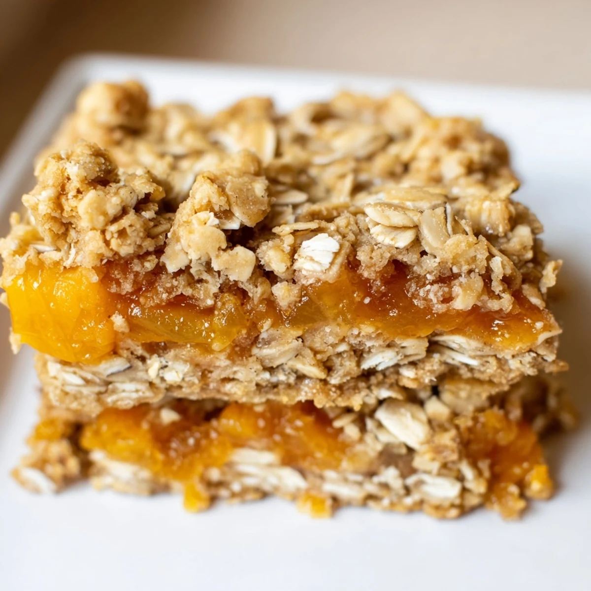Freshly baked gluten-free oatmeal apricot bars with golden oat crust and sweet apricot layer