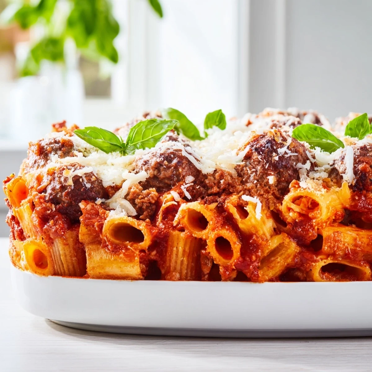 Golden Italian meatball pasta bake bubbling with melted mozzarella and rich tomato sauce