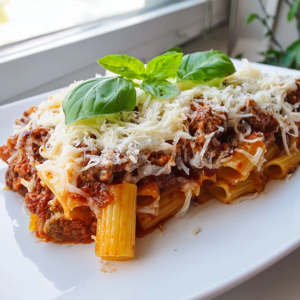Family-style Italian meatball pasta bake featuring browned meatballs and al dente penne under cheese