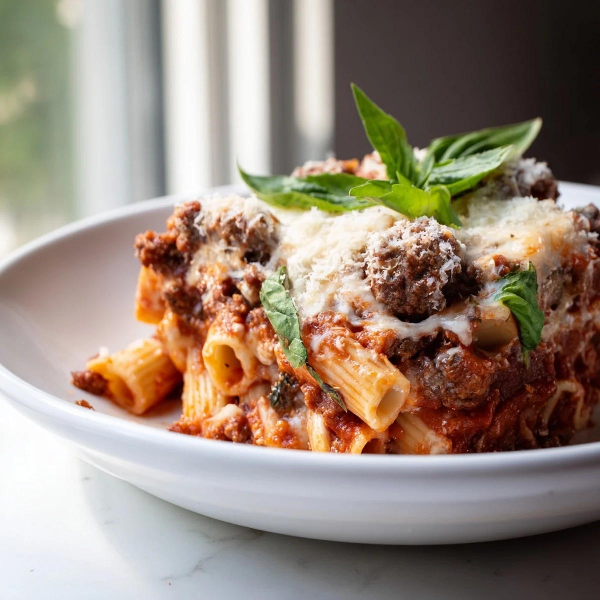 Tender meatballs nestled over penne pasta in a savory tomato sauce with gooey cheese
