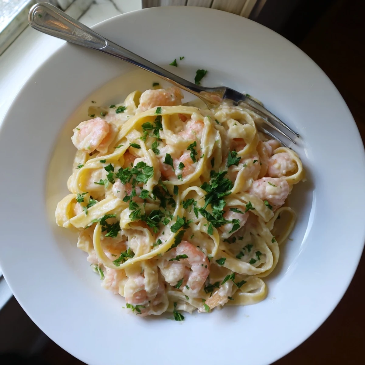 Creamy one pan shrimp fettuccine Alfredo tossed with tender pink shrimp and grated Parmesan cheese