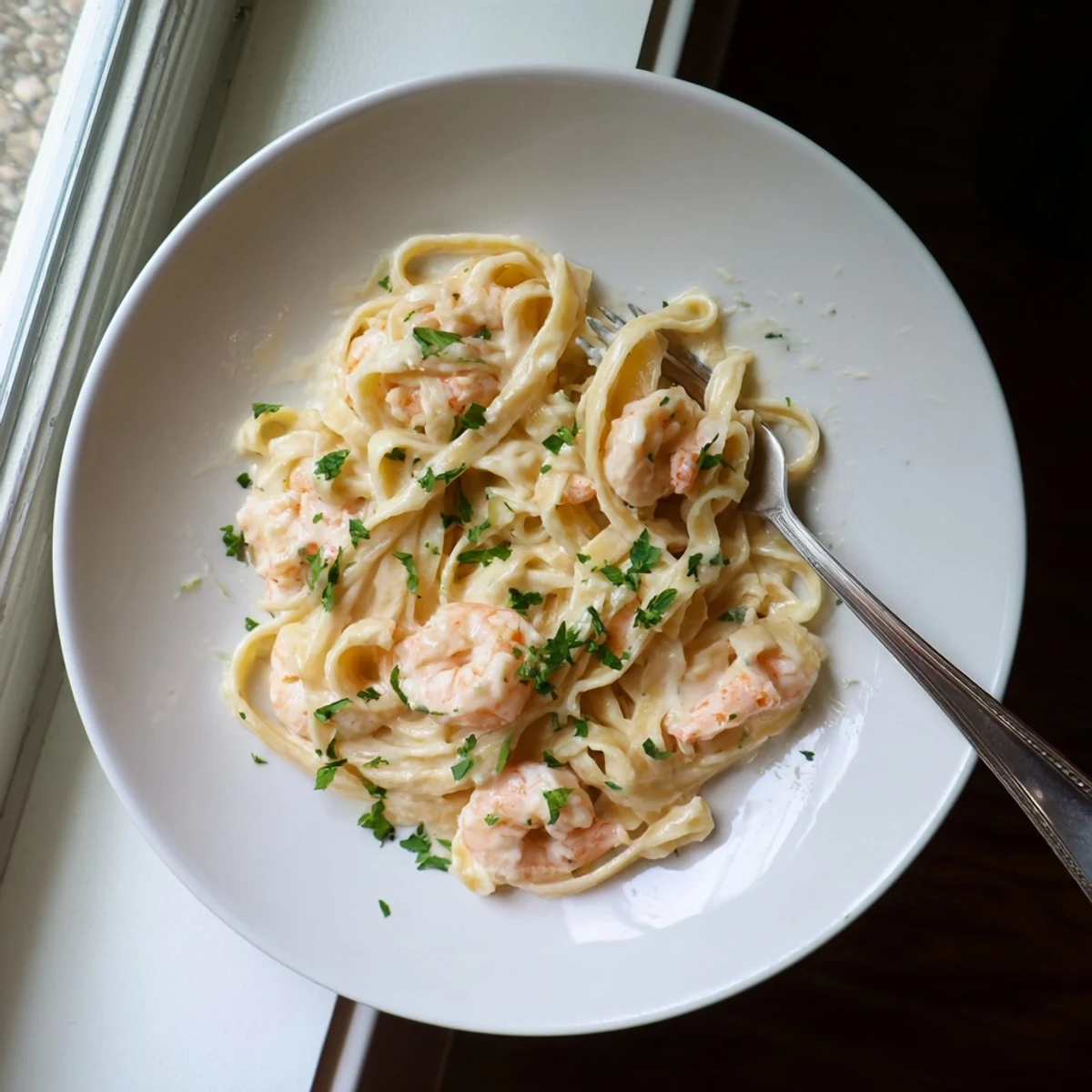 Golden shrimp atop al dente fettuccine noodles in rich garlic Parmesan Alfredo sauce