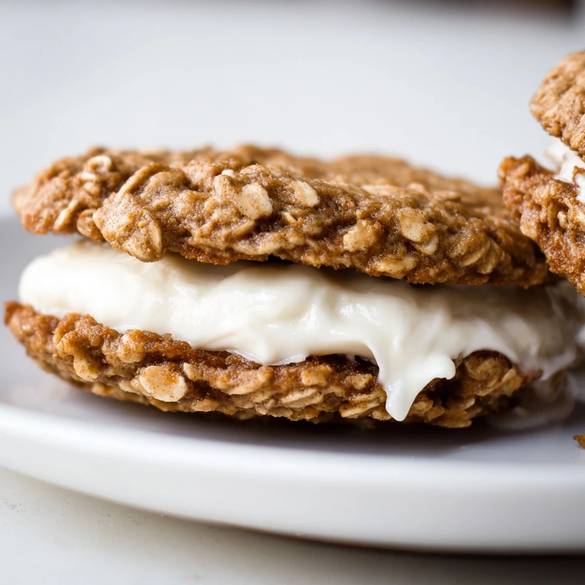 Close-up of homemade oatmeal cream pies sandwiched with fluffy vanilla cream filling, featuring golden brown textured oatmeal cookies on a wooden board