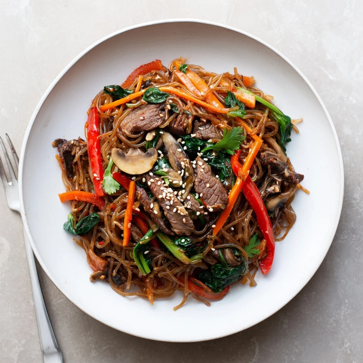 Chewy sweet potato noodles tossed with marinated beef strips, bell peppers, and spinach in Korean-inspired sauce