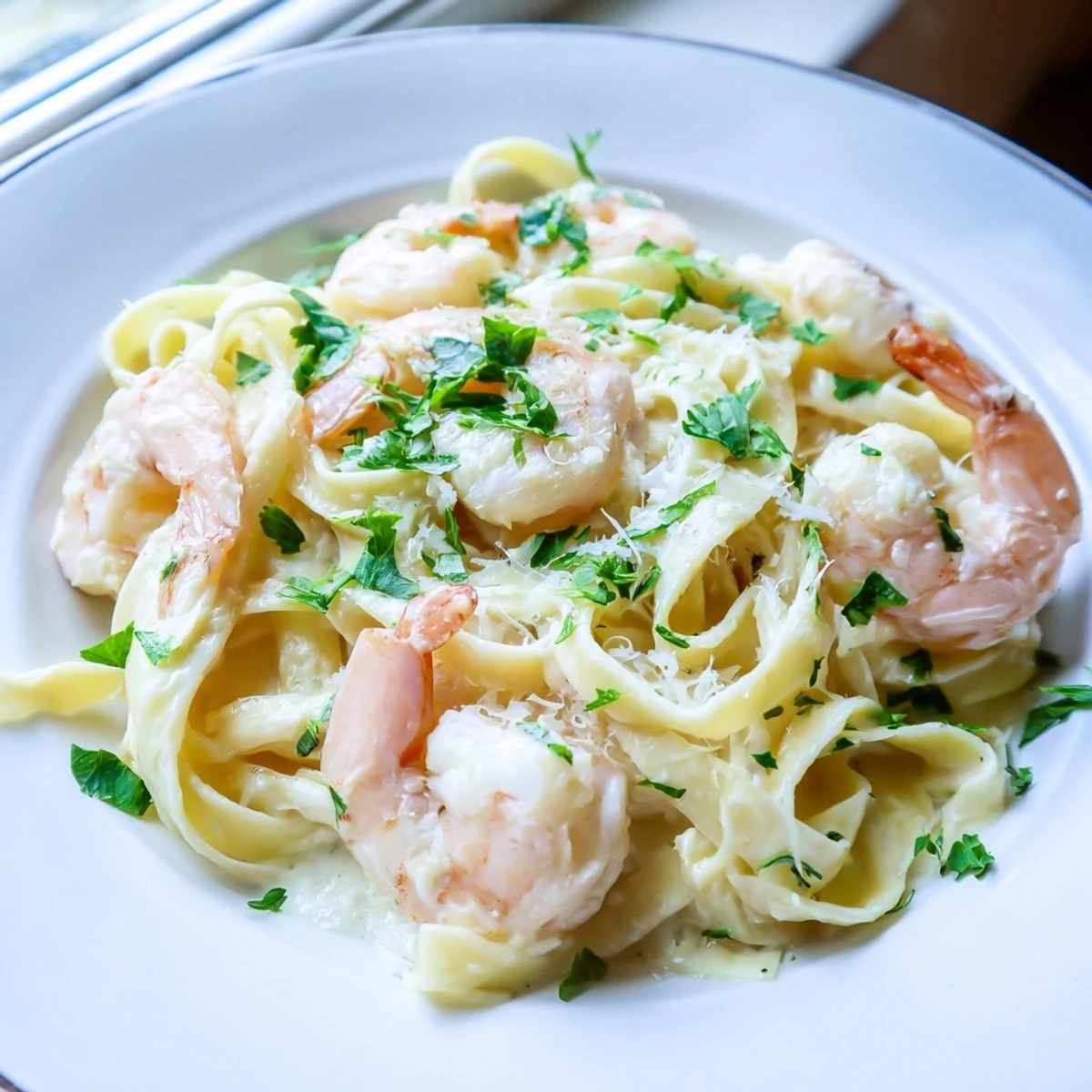 Golden shrimp and fettuccine noodles swirl in thick white Parmesan cream sauce
