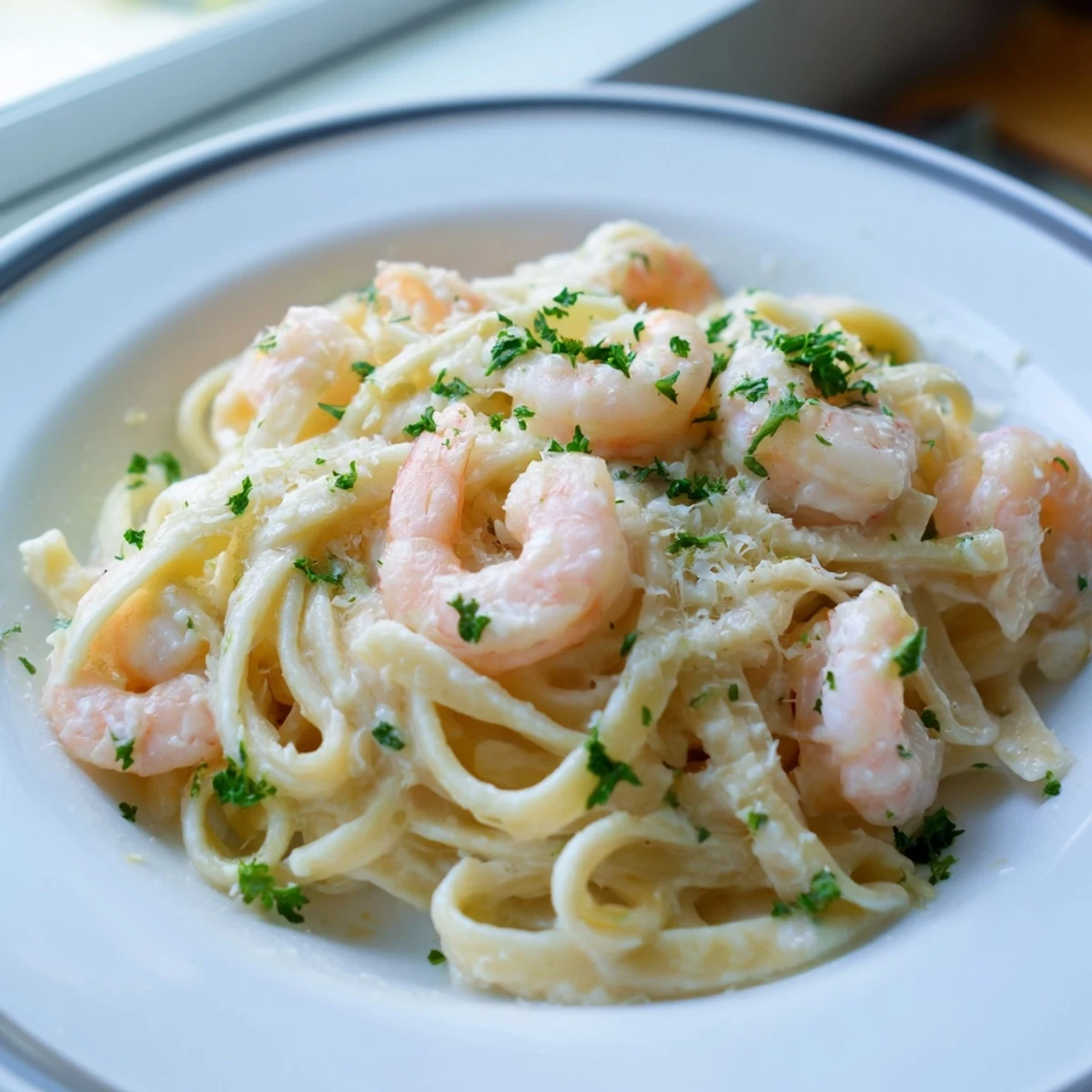 Creamy shrimp fettuccine Alfredo plated with fresh parsley and lemon wedges