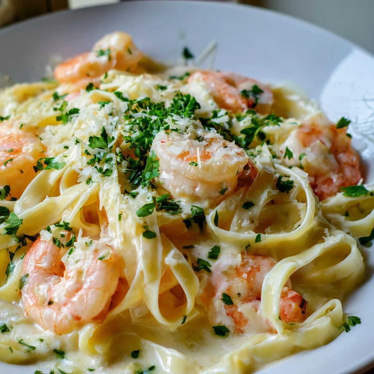Tender pink shrimp rest on pasta coated in rich homemade Alfredo sauce