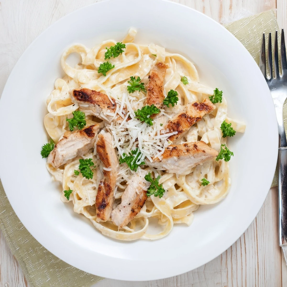 Homemade chicken alfredo pasta tossed in velvety white sauce with freshly grated Parmesan cheese