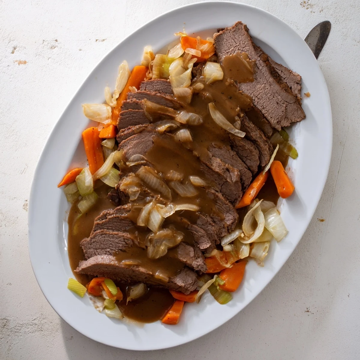 Golden sliced slow cooker beef brisket plated with caramelized vegetables and drizzled with thick homemade sauce