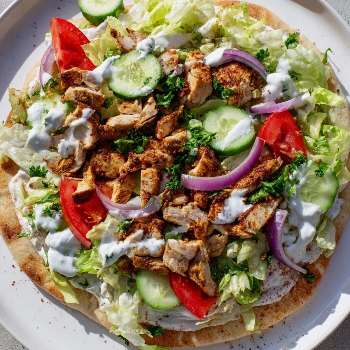 Tender spiced chicken thighs for shawarma served with fresh lettuce, tomatoes, and tangy white garlic sauce