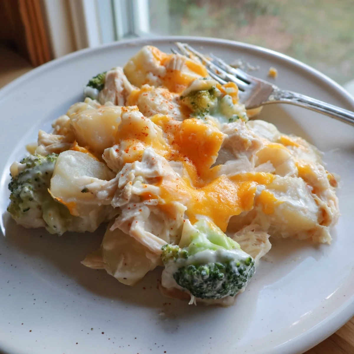 Golden baked potato chicken broccoli casserole topped with melted cheddar cheese in a ceramic dish