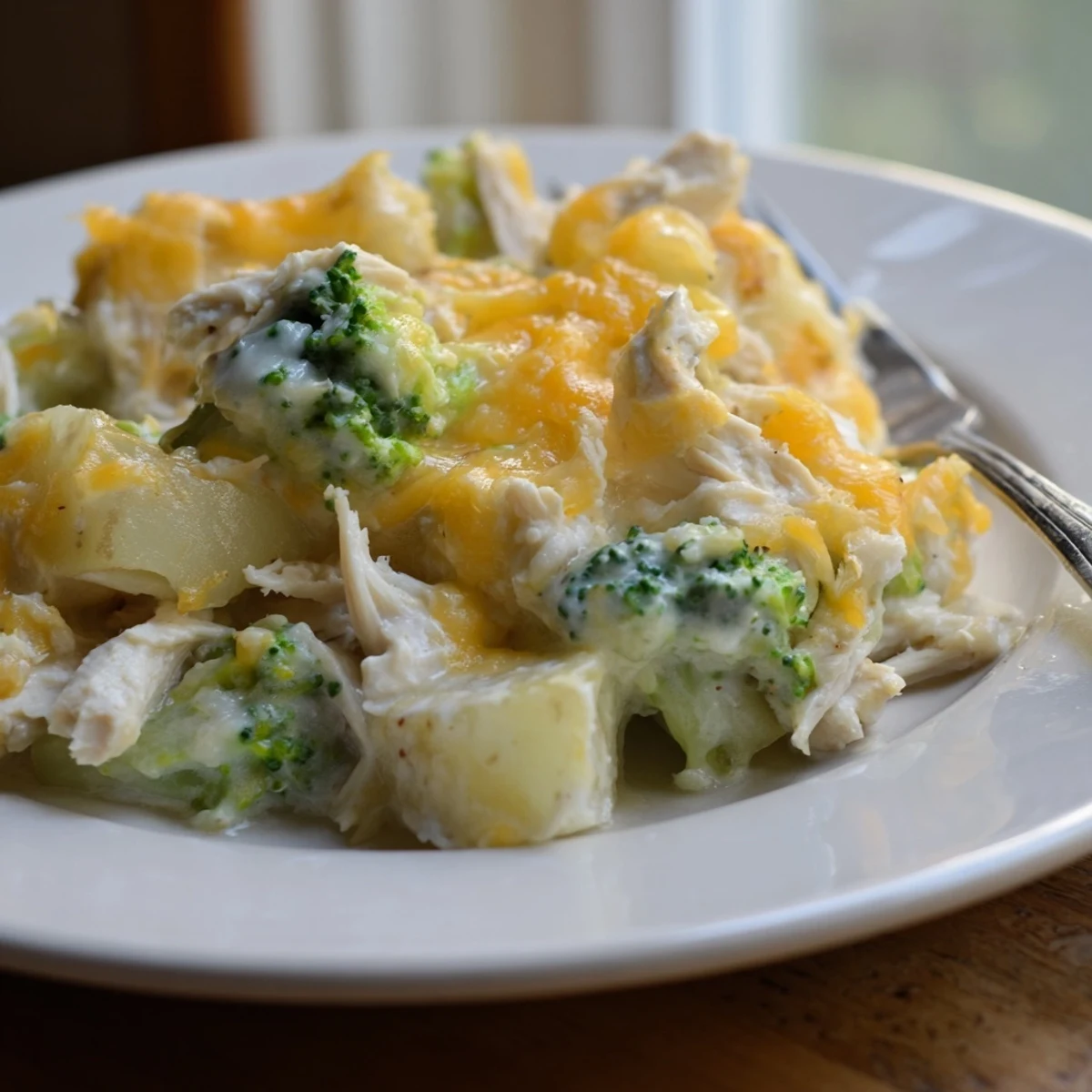 Creamy potato chicken broccoli casserole fresh from the oven with bubbling cheese sauce and tender vegetables