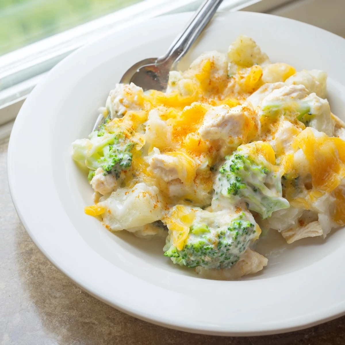 Hearty baked potato chicken broccoli casserole featuring diced potatoes florets and shredded chicken in rich sour cream sauce