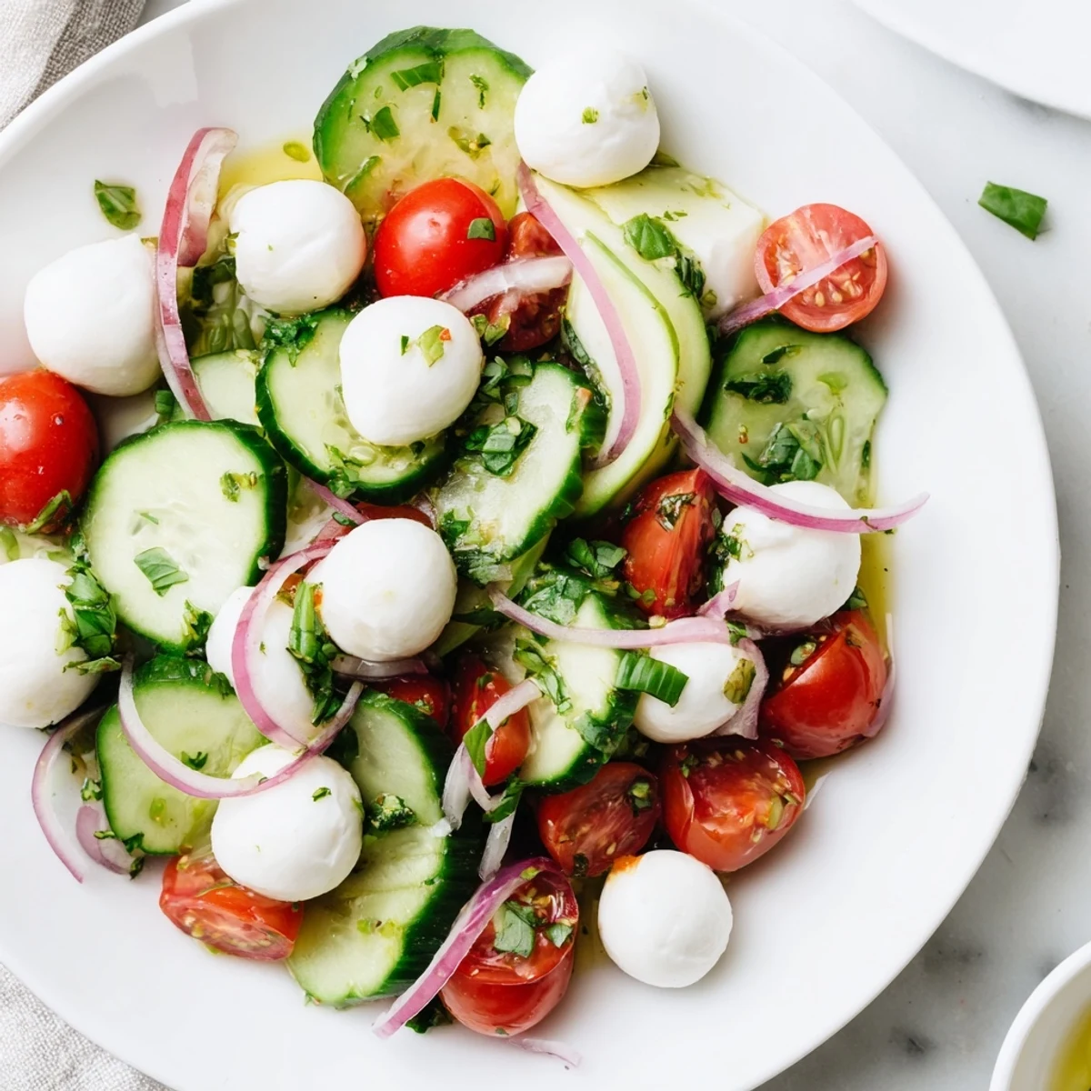 Fresh cucumber mozzarella salad with crisp vegetables, creamy cheese, and zesty herb dressing in bowl