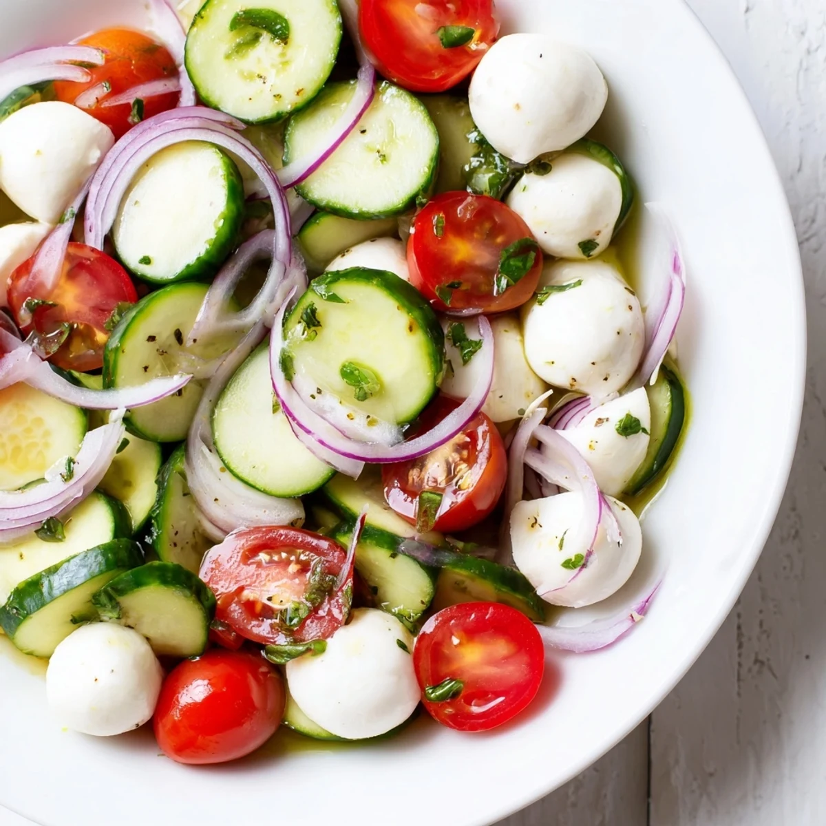 Vibrant Mediterranean cucumber mozzarella salad featuring sliced cucumbers, cherry tomatoes, and bocconcini in olive oil dressing