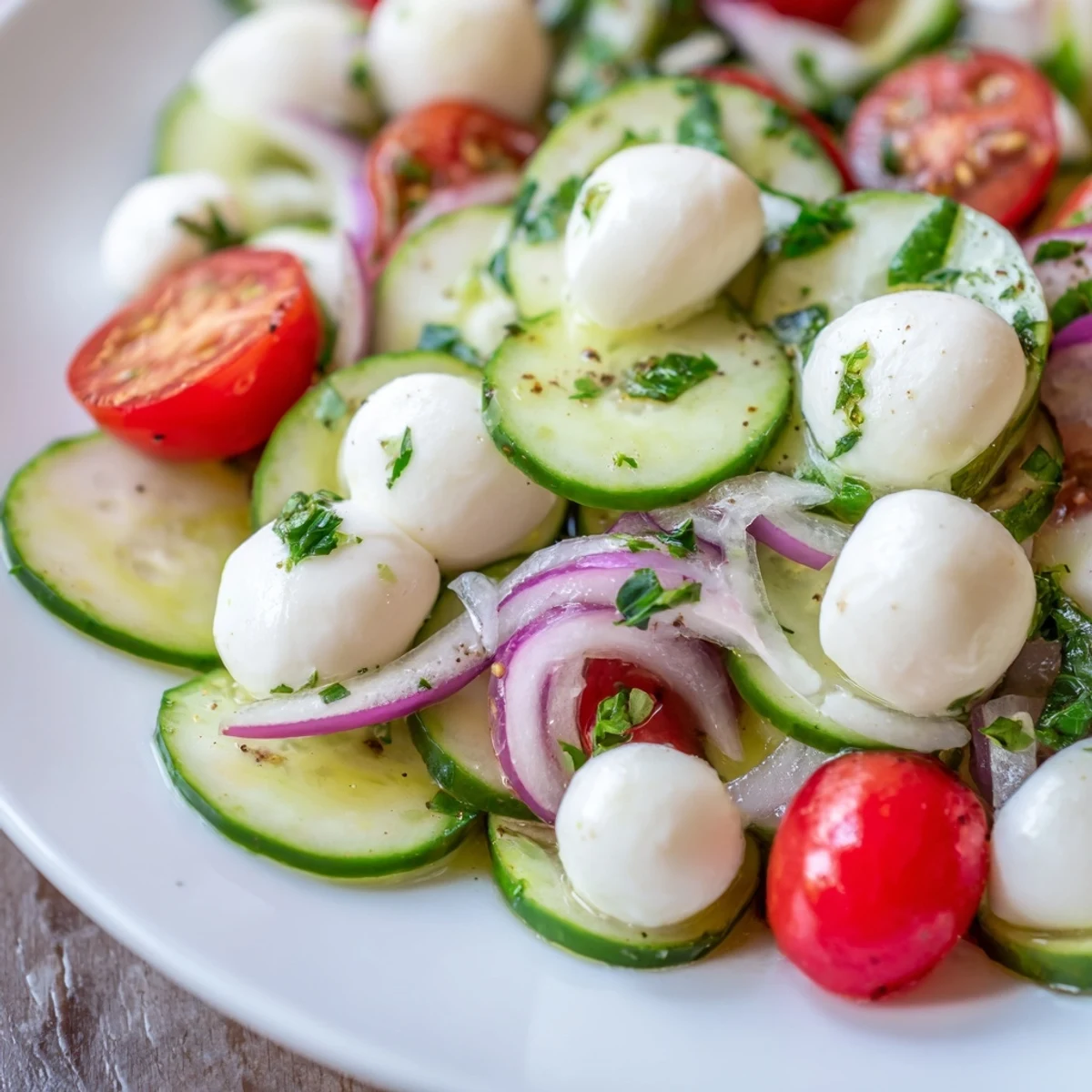 Light and refreshing cucumber mozzarella salad plated with basil, parsley, and white wine vinegar glaze
