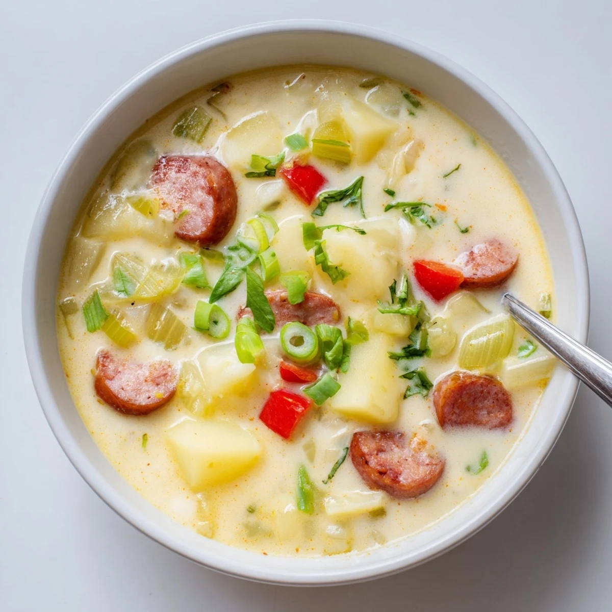 Creamy Cajun potato soup featuring tender potatoes, sliced andouille sausage, and colorful diced vegetables in a rich, spiced broth garnished with fresh green onions and parsley.