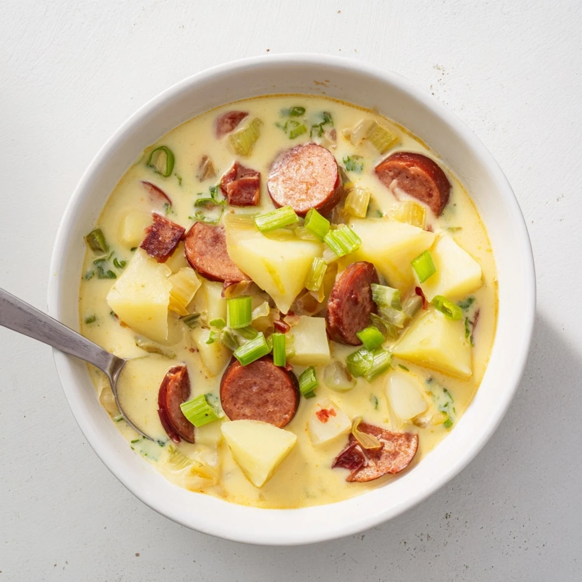 Steaming Cajun potato soup served in a rustic bowl with chunks of potato, browned andouille sausage, celery, and red pepper, topped with chopped parsley.