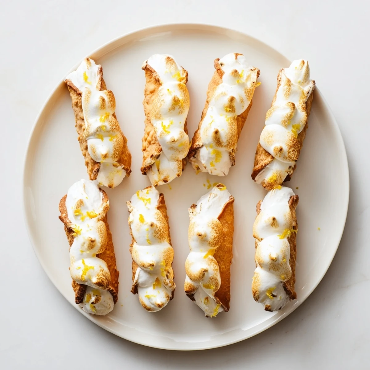 Crispy Italian pastry tubes stuffed with tangy lemon cream and crowned with lightly torched meringue peaks