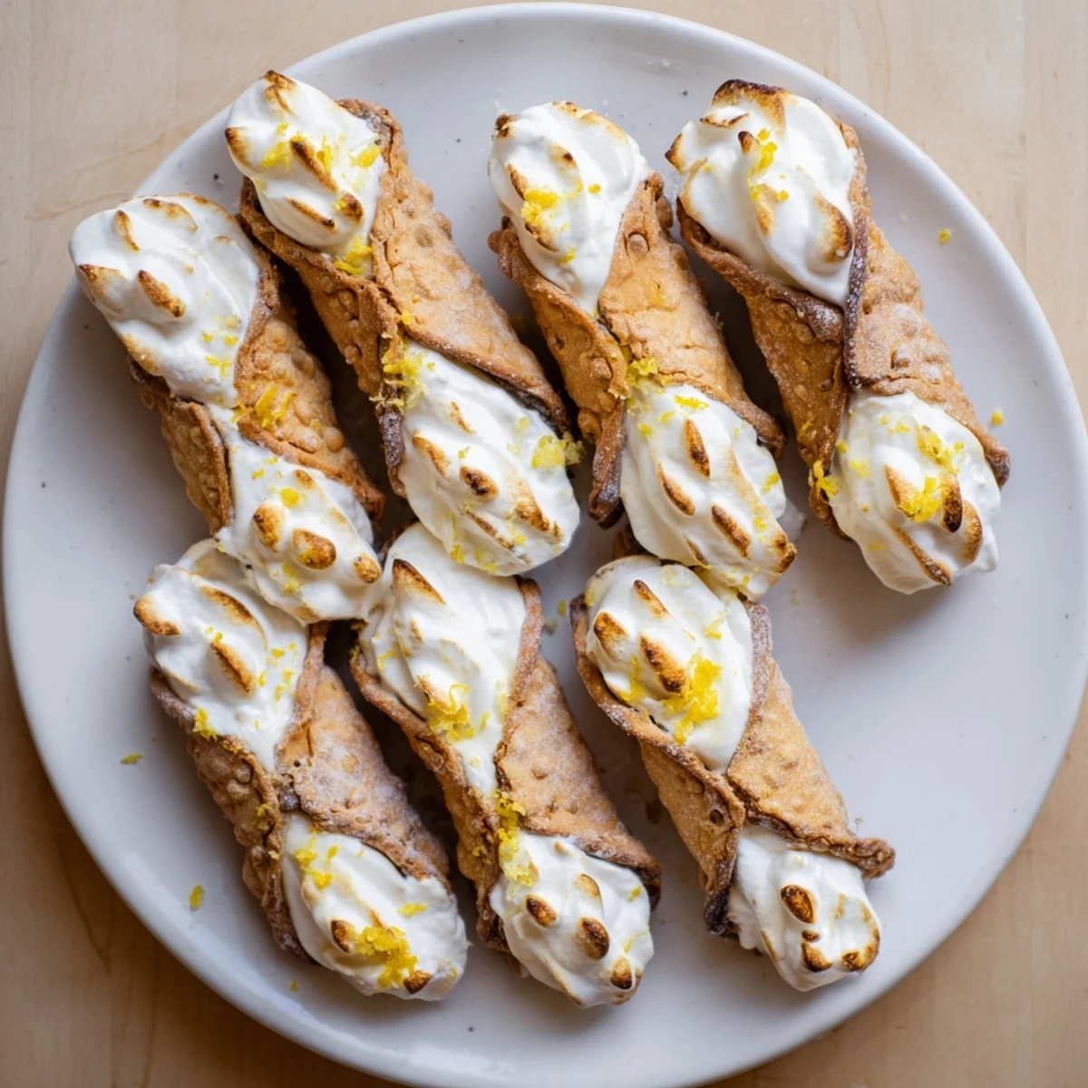 Golden brown cannoli shells piped with creamy lemon ricotta filling and topped with toasted meringue swirls