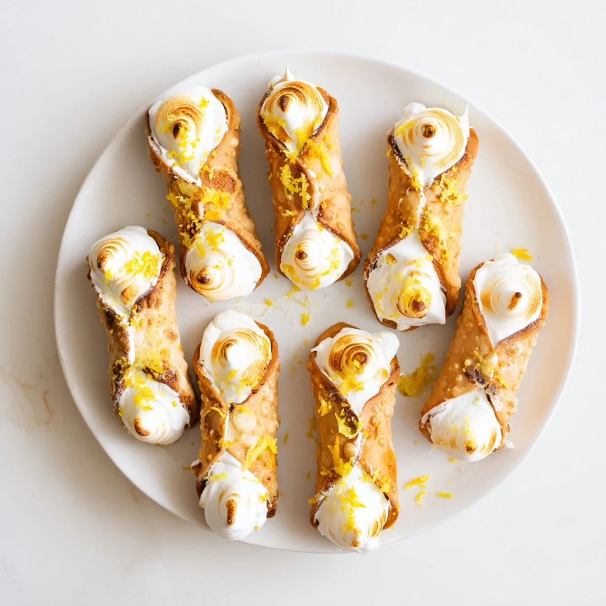 Close up of easy lemon meringue cannoli featuring smooth zesty filling and golden toasted meringue topping