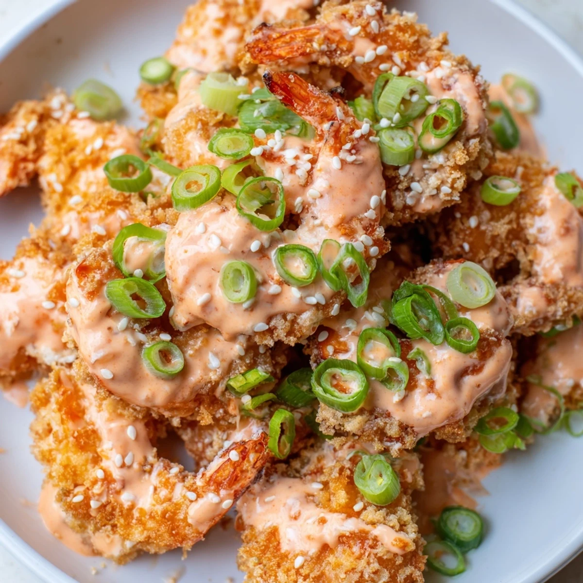 Fried Bang Bang Shrimp appetizer drizzled with sweet chili Sriracha mayonnaise sauce