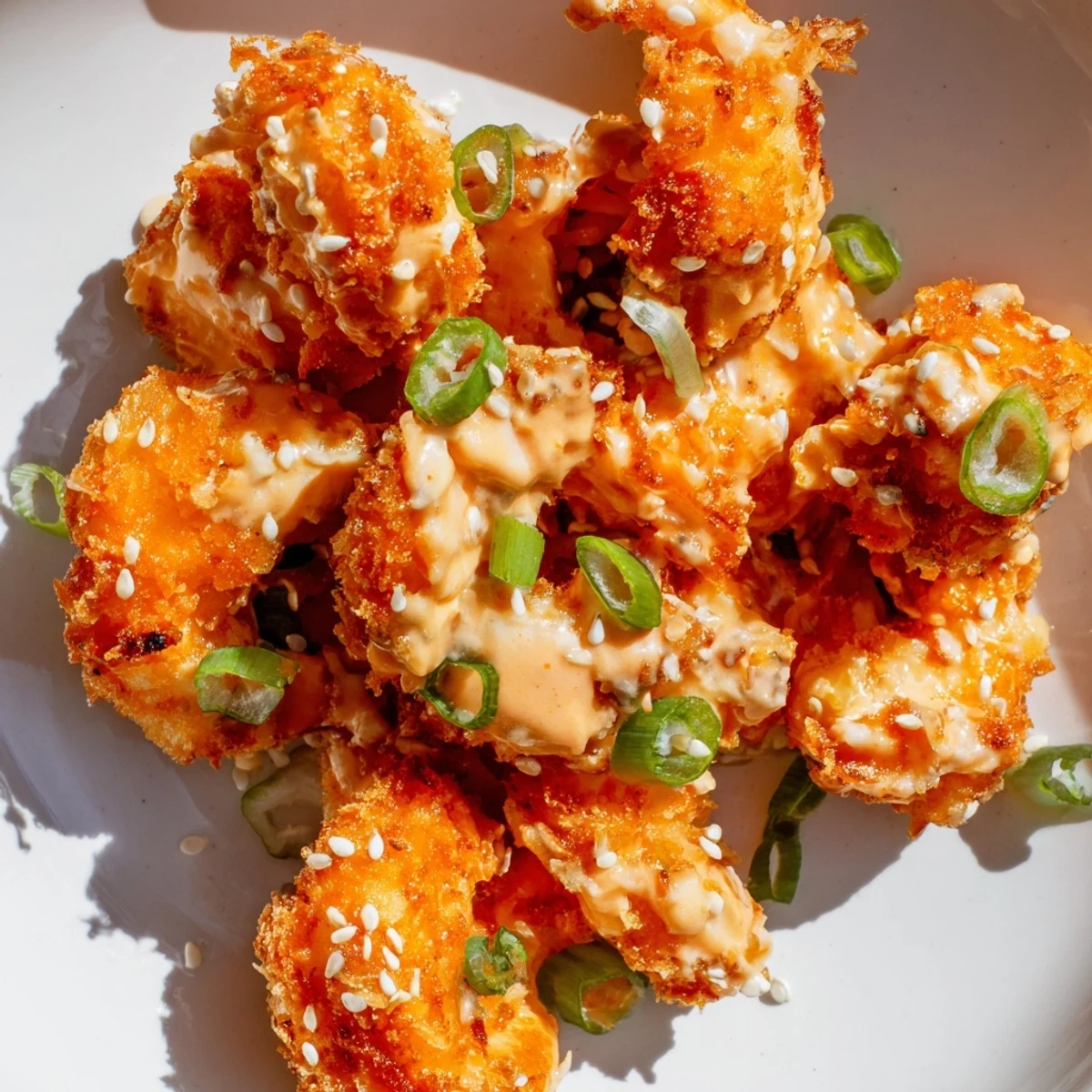 Plate of Bang Bang Shrimp sprinkled with sesame seeds over spicy pink glaze