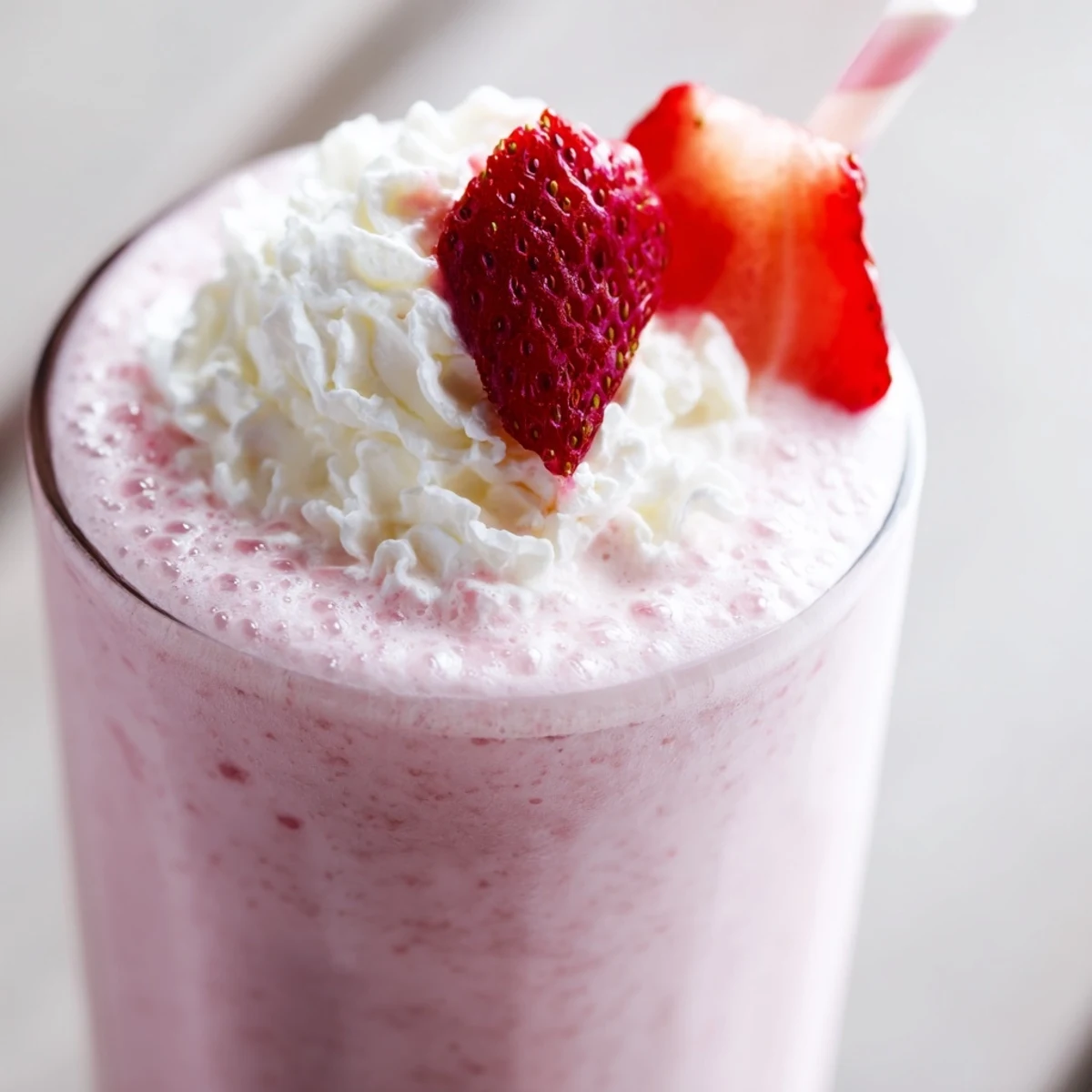 Creamy strawberry Frappuccino poured into clear glass showing layered pink drink with ice crystals