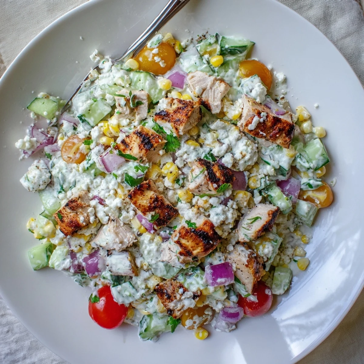 Bowl of street corn creamy cucumber chicken salad topped with crumbled cotija and fresh cilantro