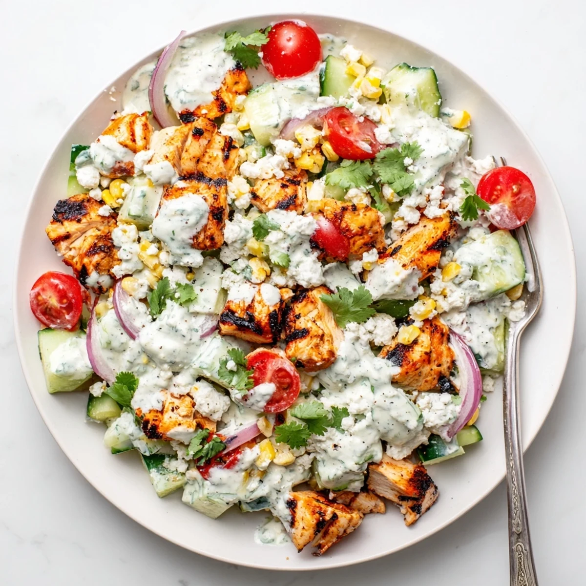 Grilled chicken and charred corn tossed in creamy dressing with crisp cucumbers and cherry tomatoes