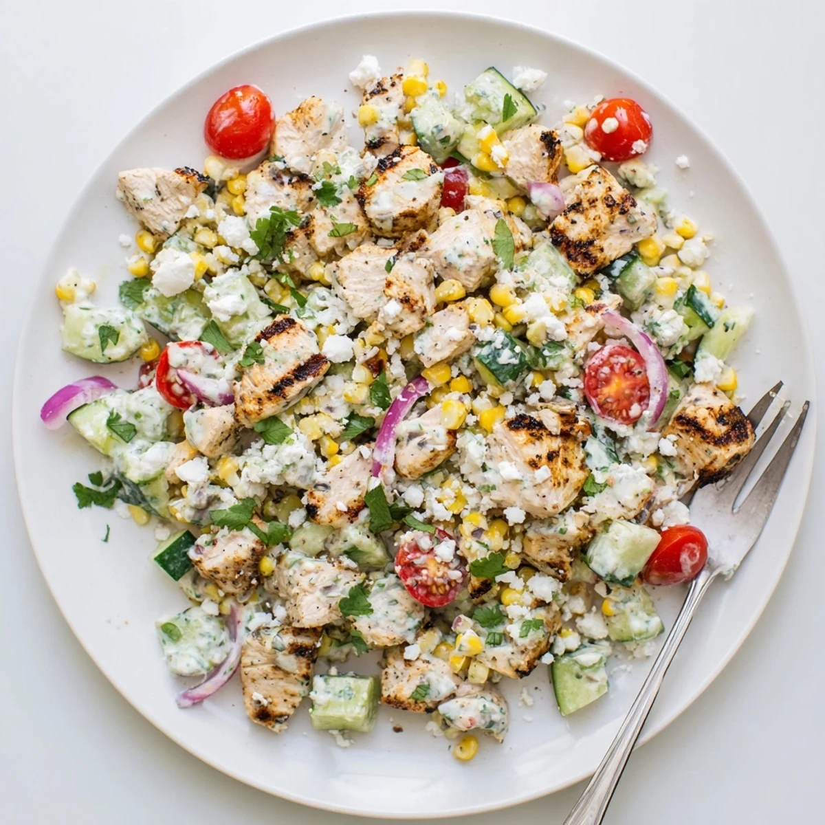 Refreshing street corn creamy cucumber chicken salad garnished with lime wedges and crumbled cheese