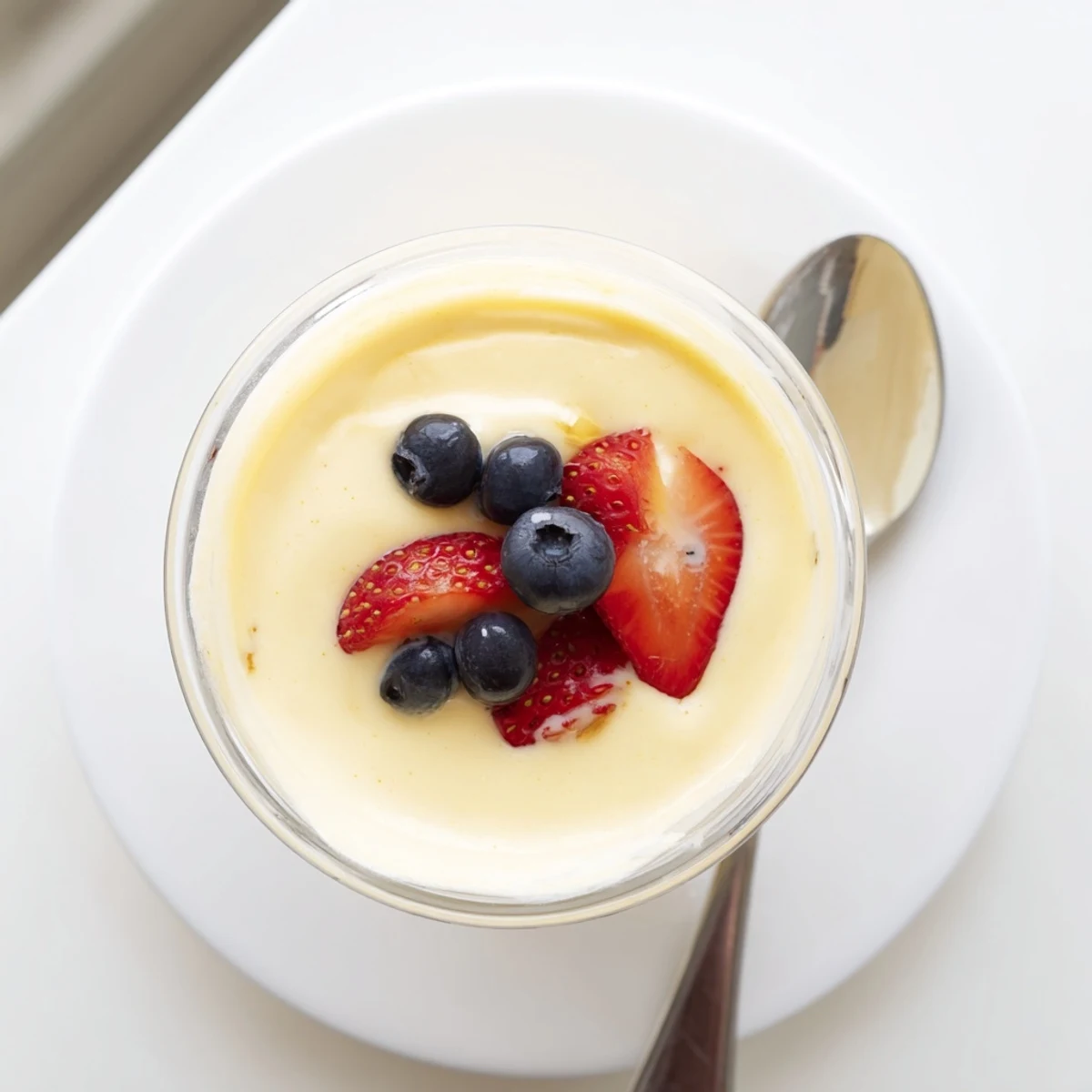 Whipped zabaglione custard topped with ripe strawberries in a white dessert bowl