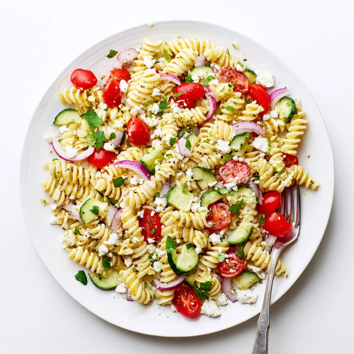 Colorful lemon pasta salad bowl with cherry tomatoes, cucumber, and fresh herbs drizzled with tangy dressing
