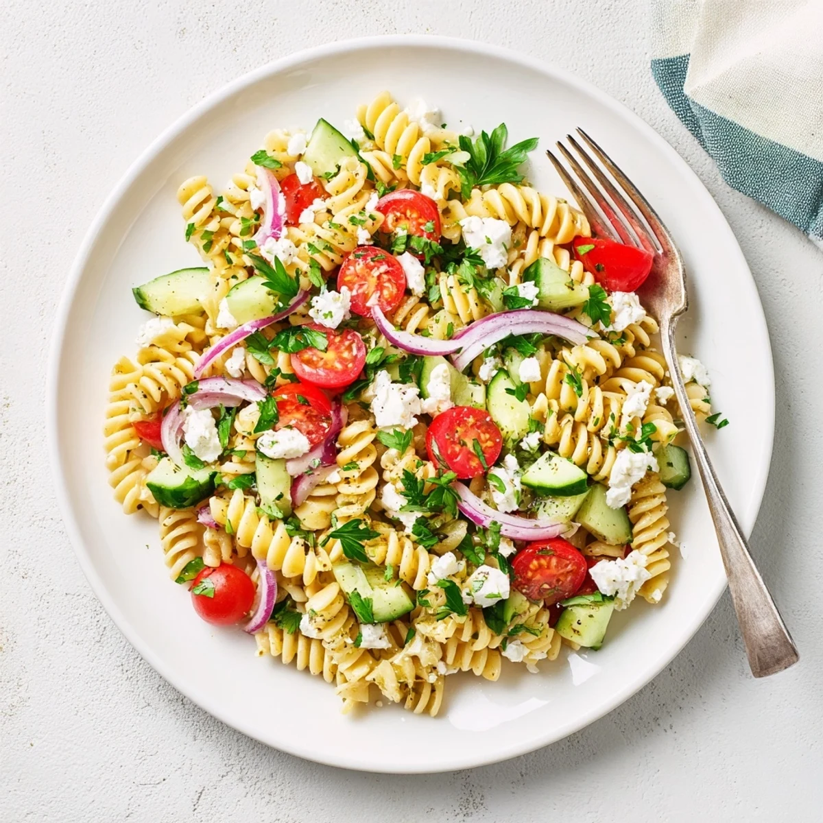 Refreshing Mediterranean lemon pasta salad featuring fusilli, crisp vegetables, and optional crumbled feta cheese