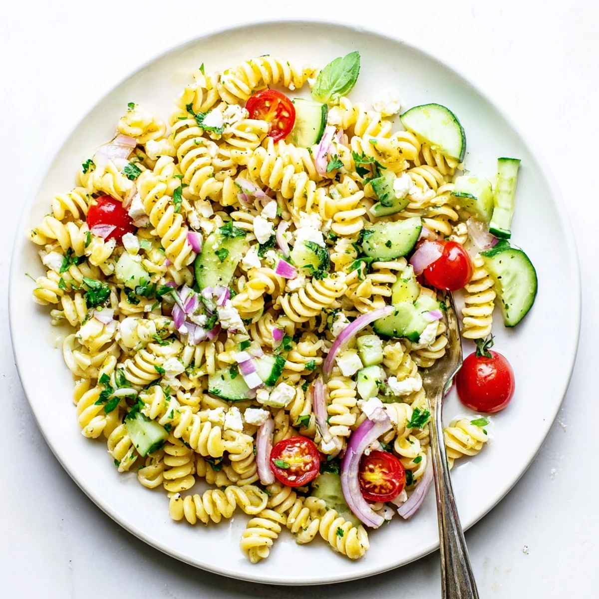 Cold lemon pasta salad tossed with zesty dressing, diced cucumber, halved tomatoes, and fragrant basil
