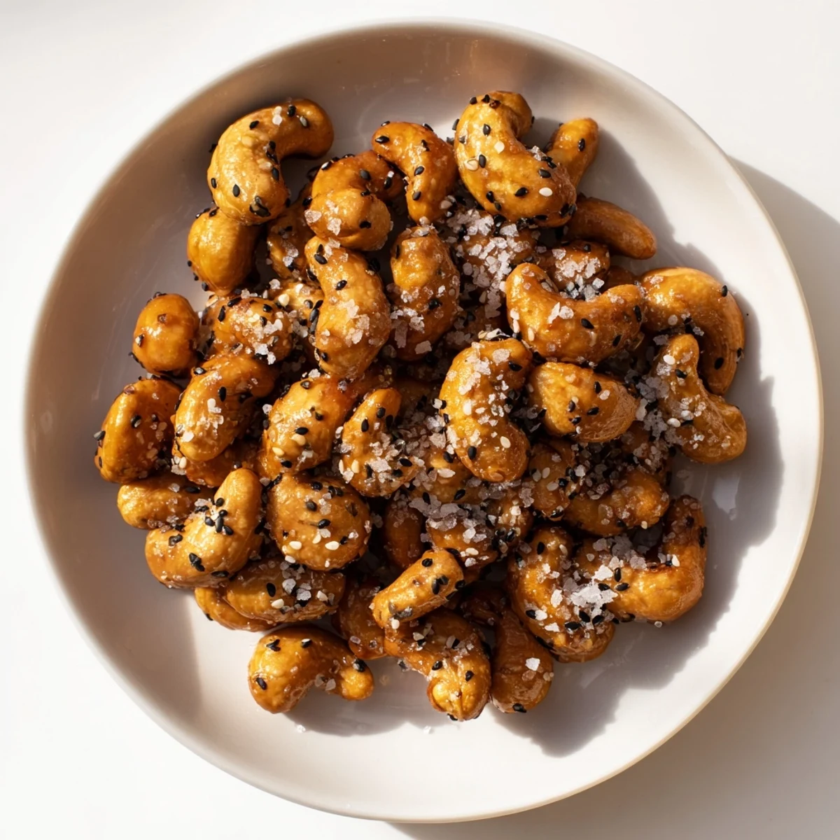 Golden honey sesame cashews arranged on a rustic wooden board with toasted sesame coating