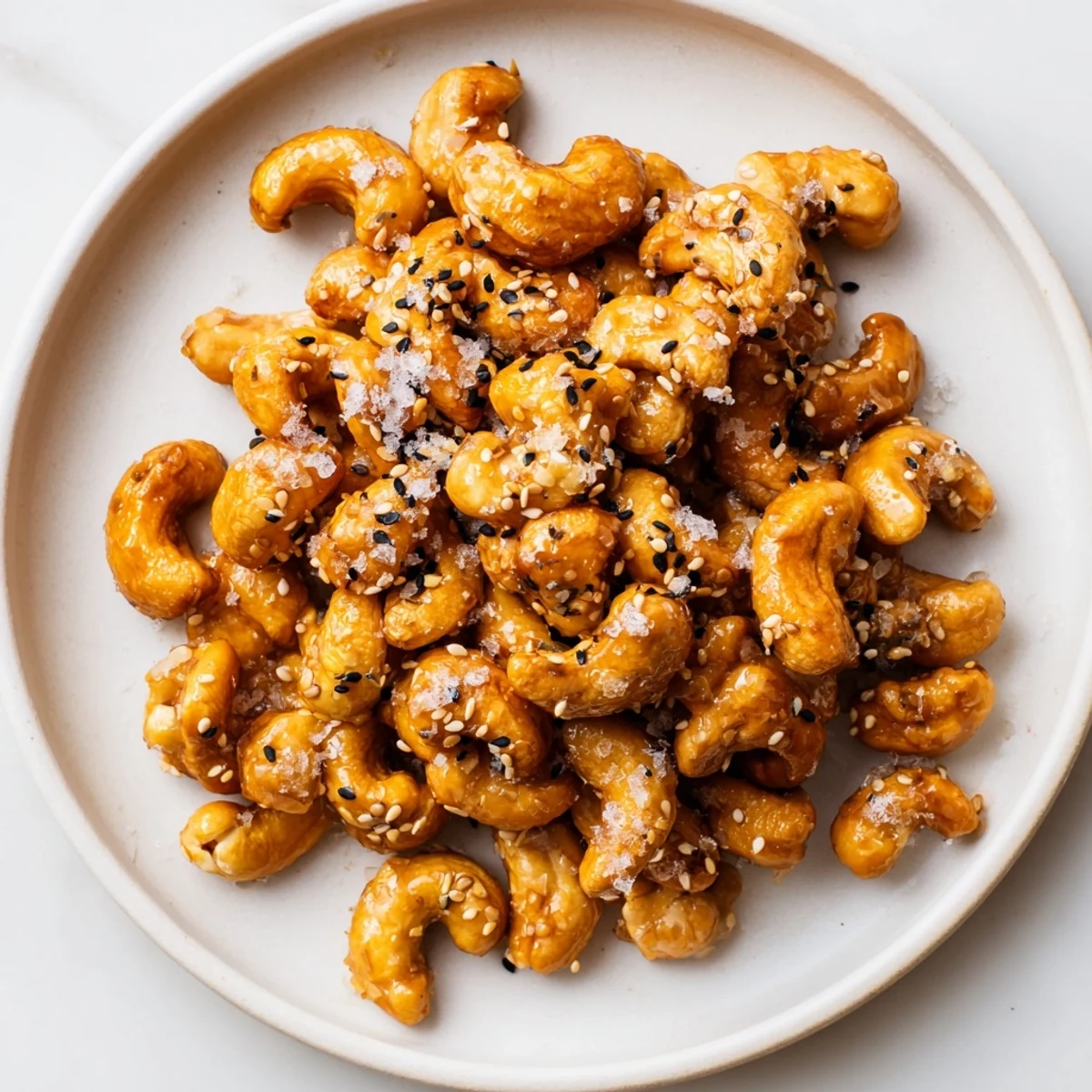Shiny glazed honey sesame cashews cooling on parchment paper with flecks of sea salt