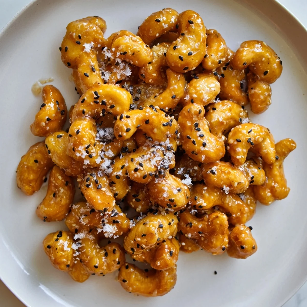 Bowl of sweet crunchy honey sesame cashews sprinkled with white and black sesame seeds