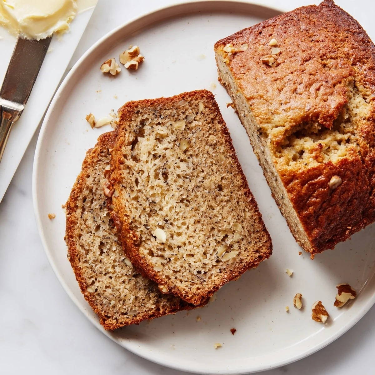 Homemade super moist banana bread loaf with dark specks of ripe banana, ready to serve warm
