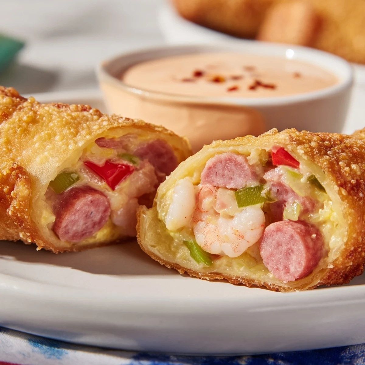 Golden fried Voodoo egg rolls featuring andouille sausage and shrimp with Cajun dipping sauce
