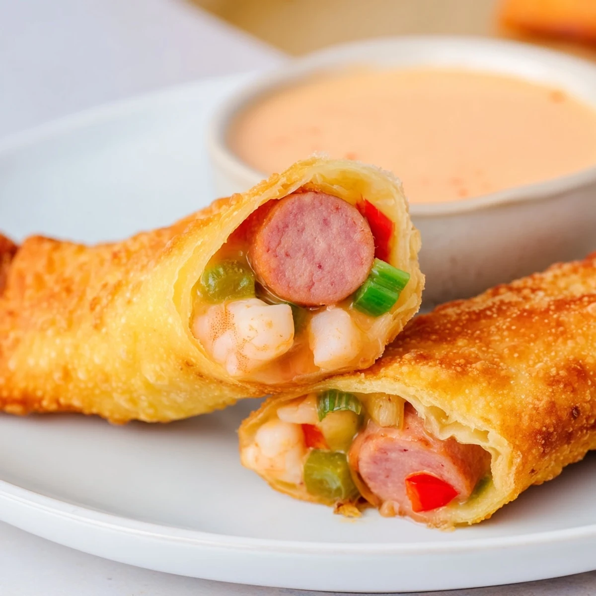 Crispy Creole egg rolls stuffed with spicy andouille, colorful peppers, and tender shrimp