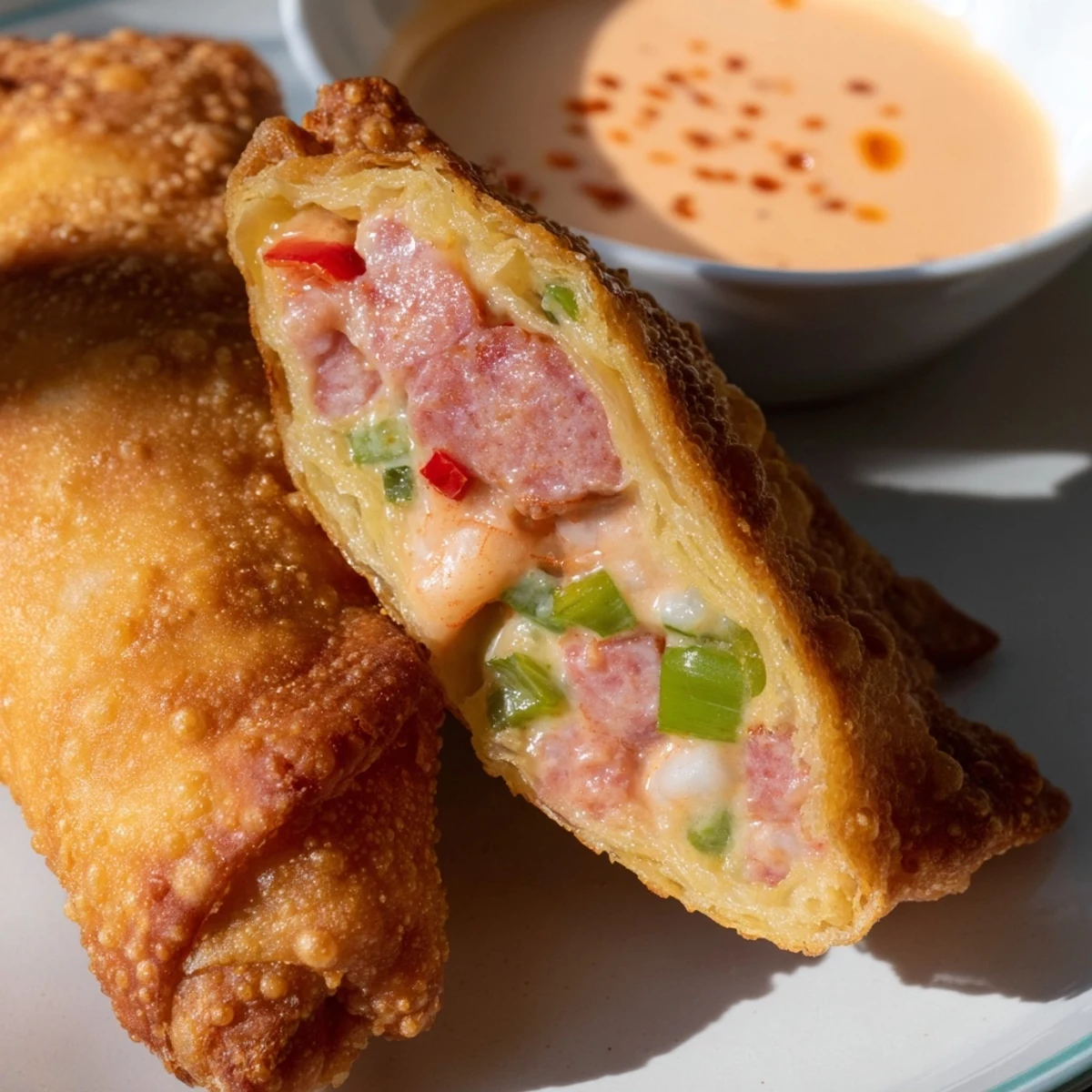 Plate of Voodoo egg rolls served alongside zesty homemade Cajun remoulade dipping sauce