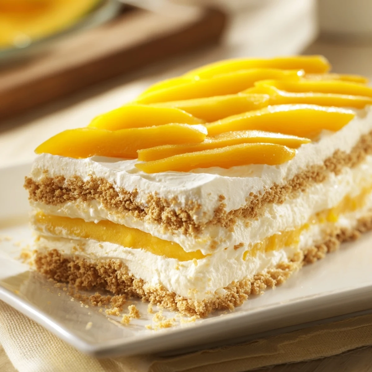 Golden layered Filipino Mango Float dessert with ripe mango slices, cream, and graham crackers in a glass dish