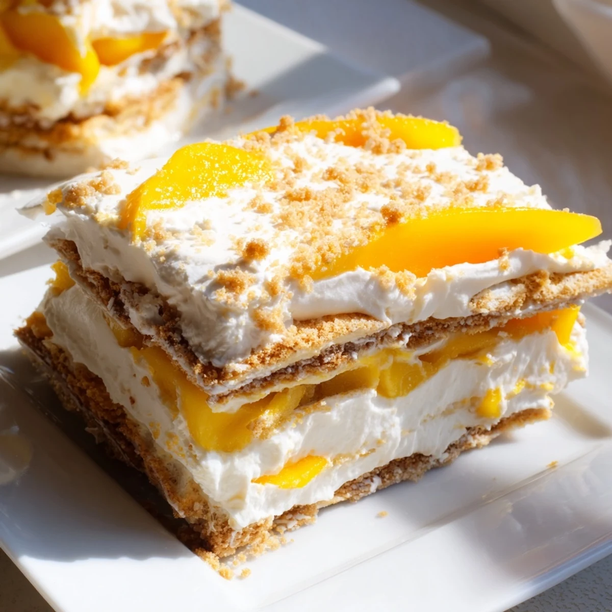 No-bake Filipino Mango Float showing alternating layers of sweetened cream, yellow mangoes, and honey graham crackers